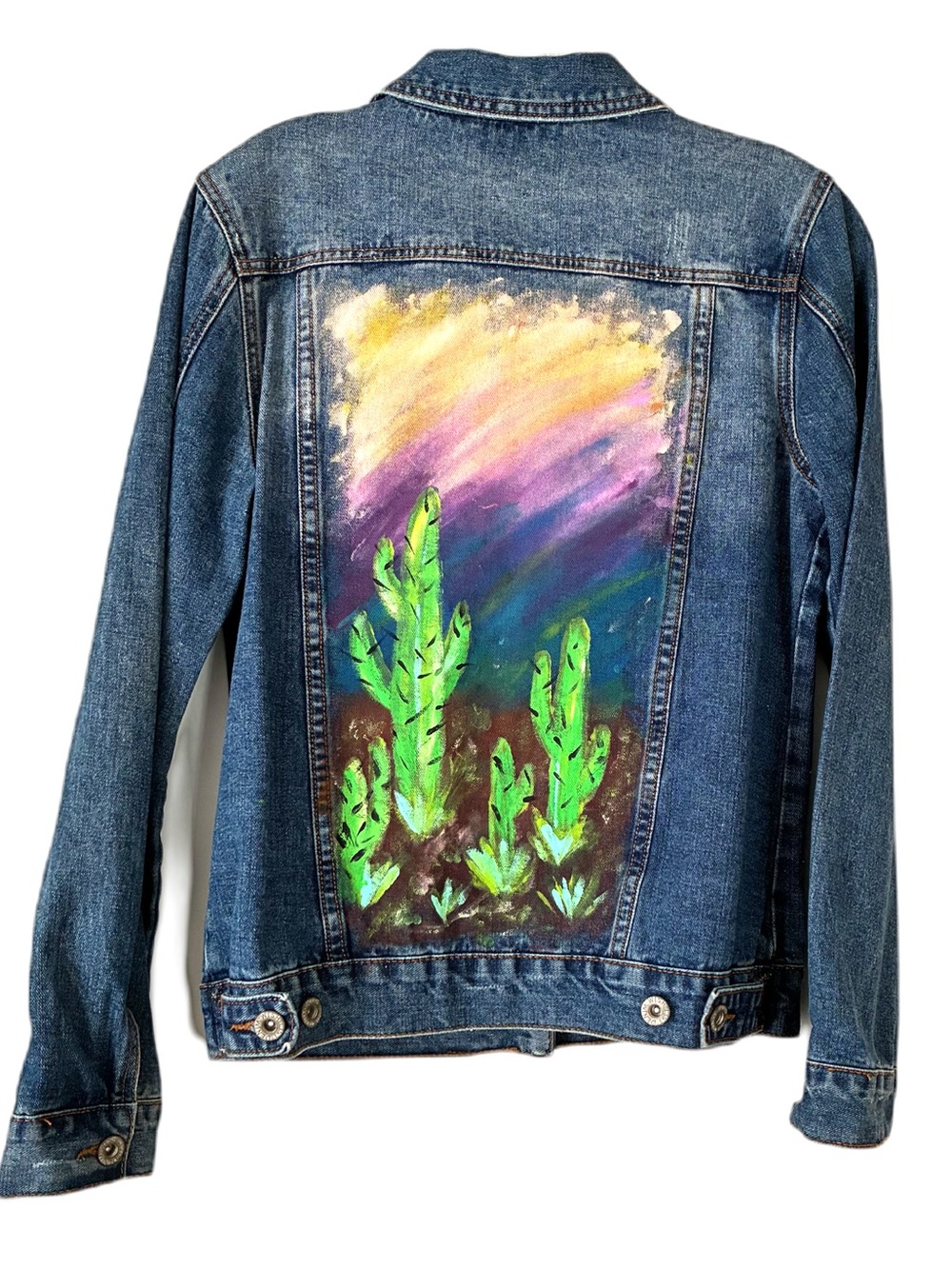 Wishlist Denim Jacket w/ Hand Painted Back Panel, Sz. M, Mildly Distressed